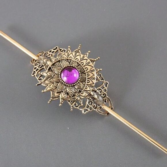 Bohemian Hair Accessory Gold Tone Purple Accent Stone, Engraved Details - Picture 1 of 2